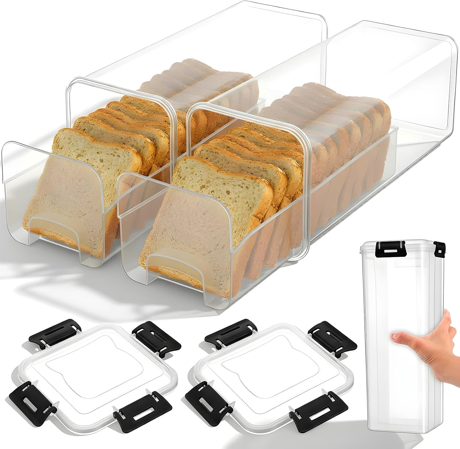 Meal Prep Container - กล่องเก็บขนมปังพร้อมฝาปิดกันอากาศ กล่องพลาสติกใสสำหรับเก็บขนมปังพร้อมถาดลิ้นชักสำหรับแซนด์วิชและขนมปังก้อน กล่องเก็บขนมปังใส