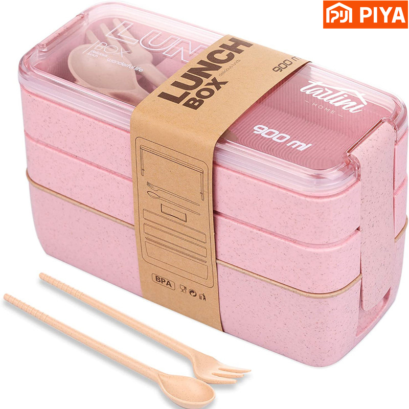 Meal Prep Lunch Boxes - 3-In-1ช่องข้าวสาลีฟางกล่อง Bento Reusable ชุดอาหารกลางวันคอนเทนเนอร์อาหารและขนมขบเคี้ยวภาชนะบรรจุอาหารแบบพกพากล่องข้าวกลางวัน