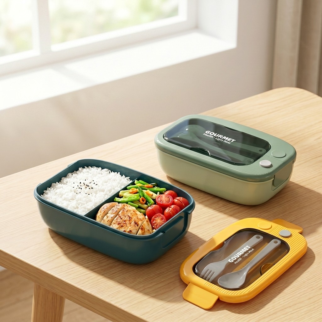 Meal Prep Lunch Boxes - กล่องเบนโตพลาสติกสำหรับไมโครเวฟ 2 ช่อง ป้องกันการรั่วซึม พร้อมช้อนส้อม กล่องใส่อาหารสำหรับเตรียมอาหาร