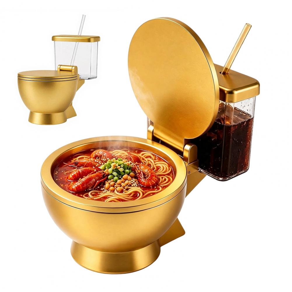 Meal Prep Soup - ชุดชามราเมนรูปโถสุขภัณฑ์ พร้อมแก้วน้ำและหลอดดูดในตัว ชามอาหารดีไซน์แปลกใหม่ สำหรับก๋วยเตี๋ยวซุปและของว่าง